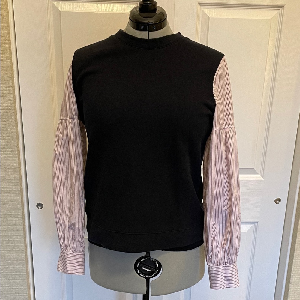 Derek Lam Black Mixed Media Top with Pink Striped Sleeves.